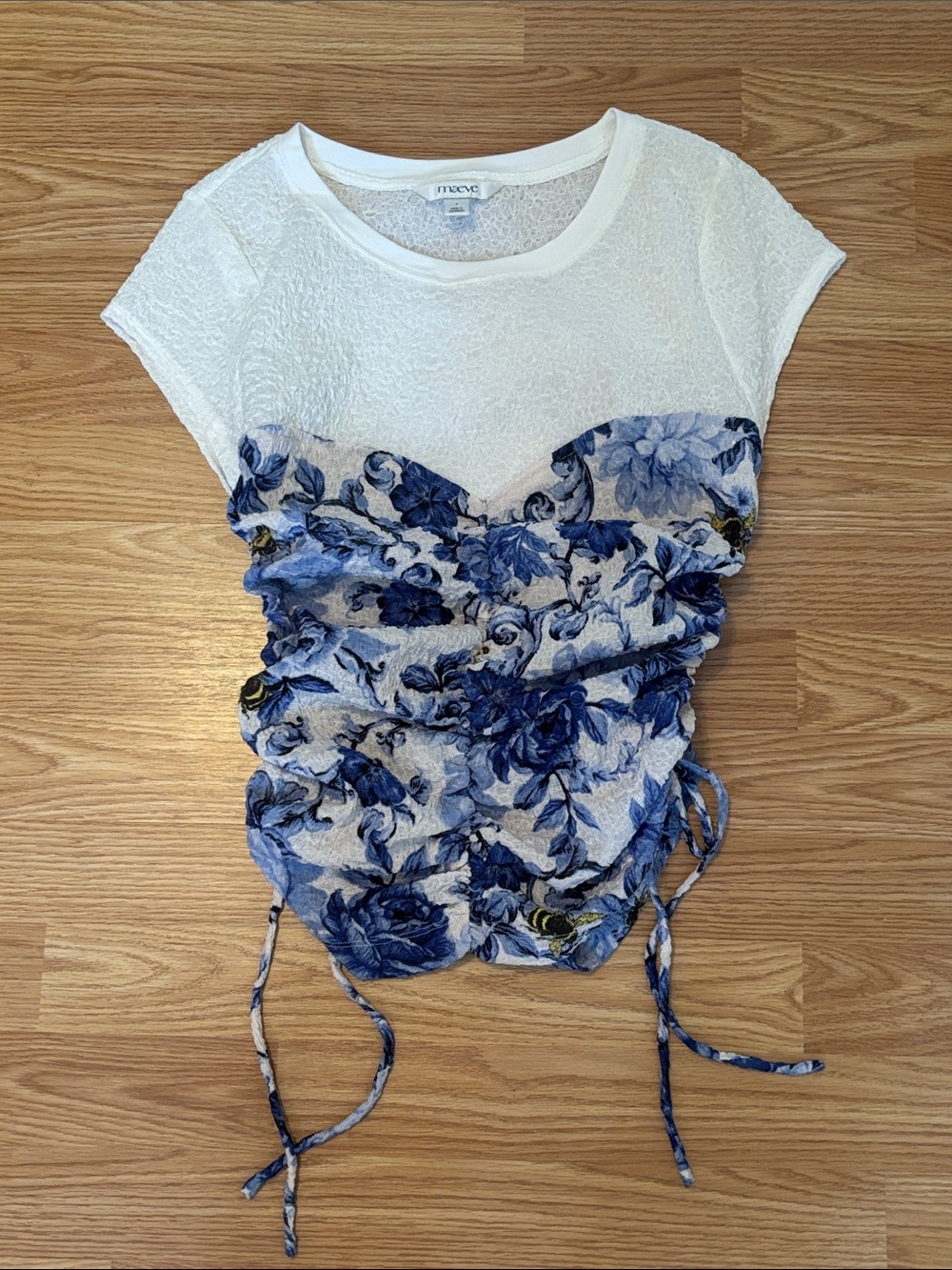 Maeve by Anthropologie Ruched Corset Short-Sleeve Top – Blue Floral Bee, Size S
